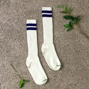 White Navy Blue Stripes Crew Socks Vintage Style Unisex Men Women Comfy